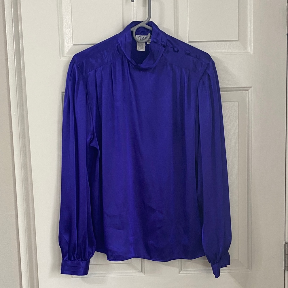 Vintage like new blue/purple satin long sleeve button up mock turtleneck blouse